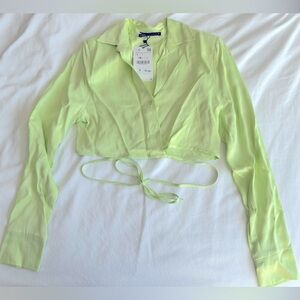 Zara satin crop shirt yellow-green button up